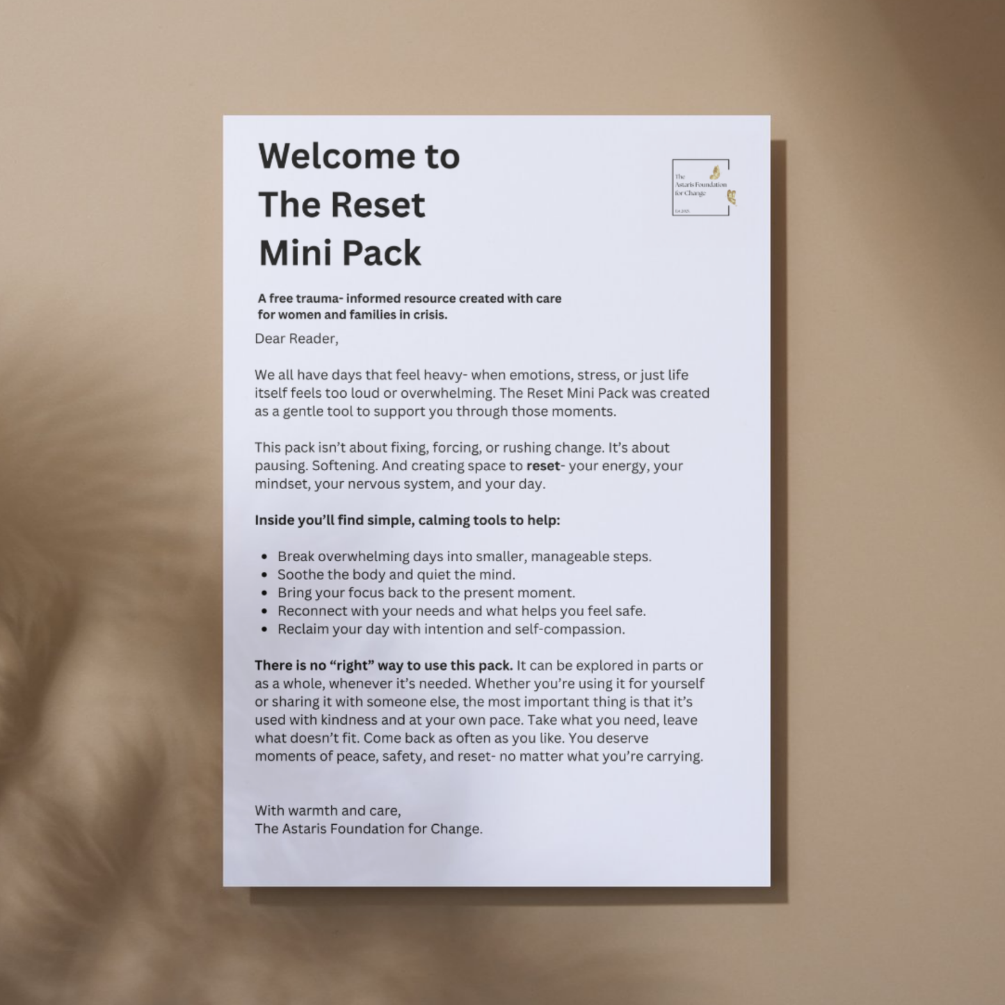 This image shows page 1 of our free digital download 'The Reset'. This download is a mini pack covering grounding and positive reinforcement. It is free to download and print and is available to the general public and businesses.