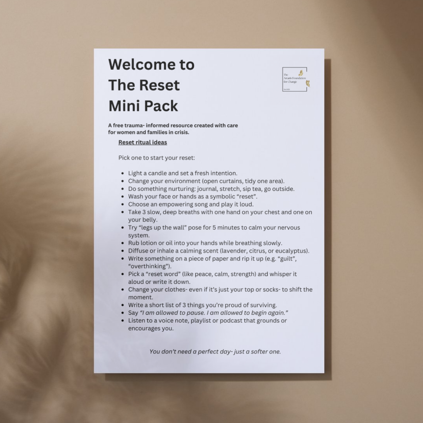 This image shows page 6 of our free digital download 'The Reset'. This download is a mini pack covering grounding and positive reinforcement. It is free to download and print and is available to the general public and businesses.