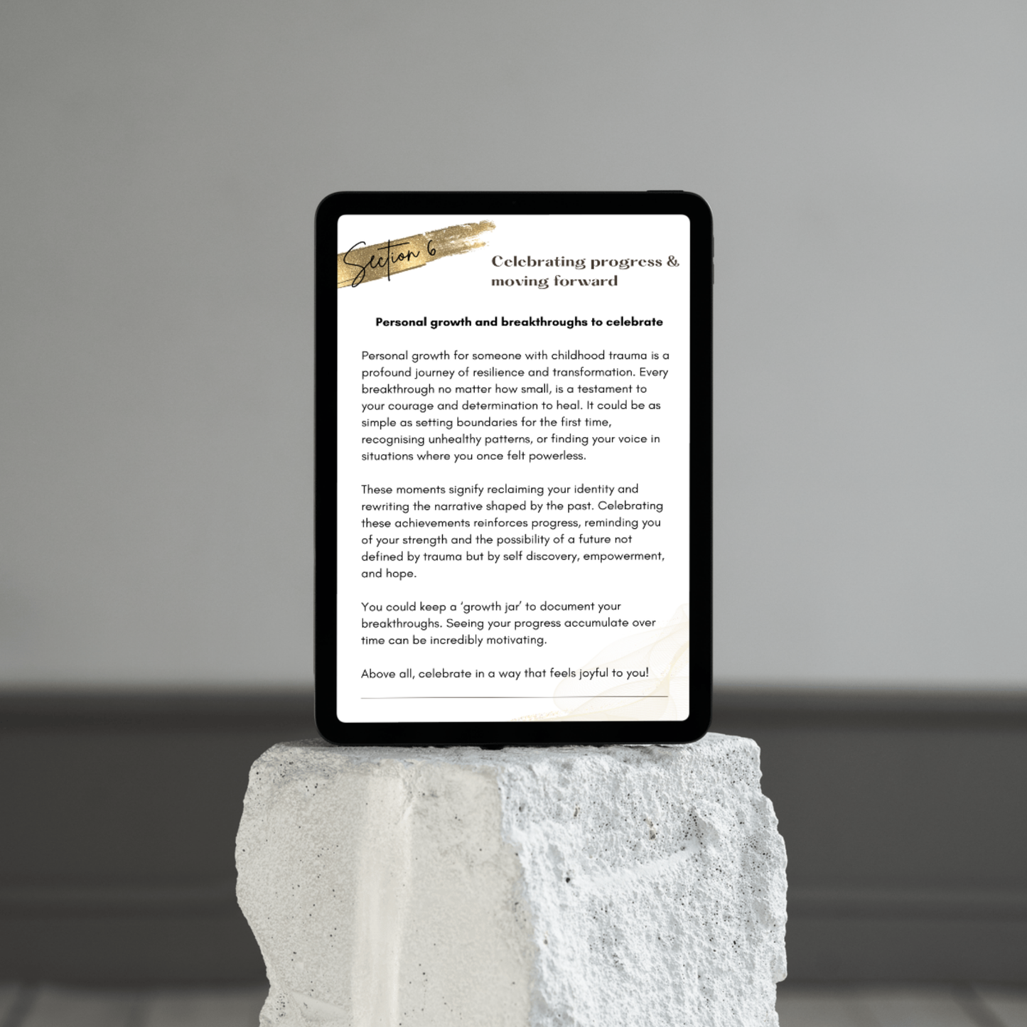 celebrating progress and moving forward page from our trigger journal workbook. this workbook contains a step by step guide on how to document and work through triggers related to childhood trauma.