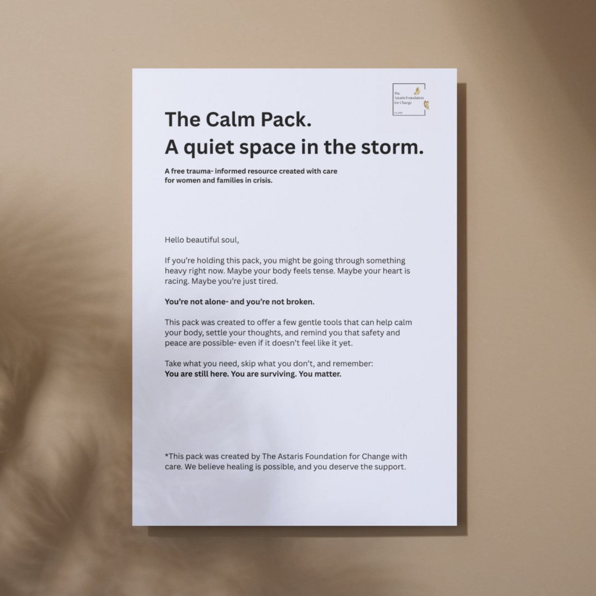 This image shows page 1 of our free digital download 'The Calm Pack'. This download is a mini pack covering grounding and emotional safety. It is free to download and print and is available to the general public and businesses.