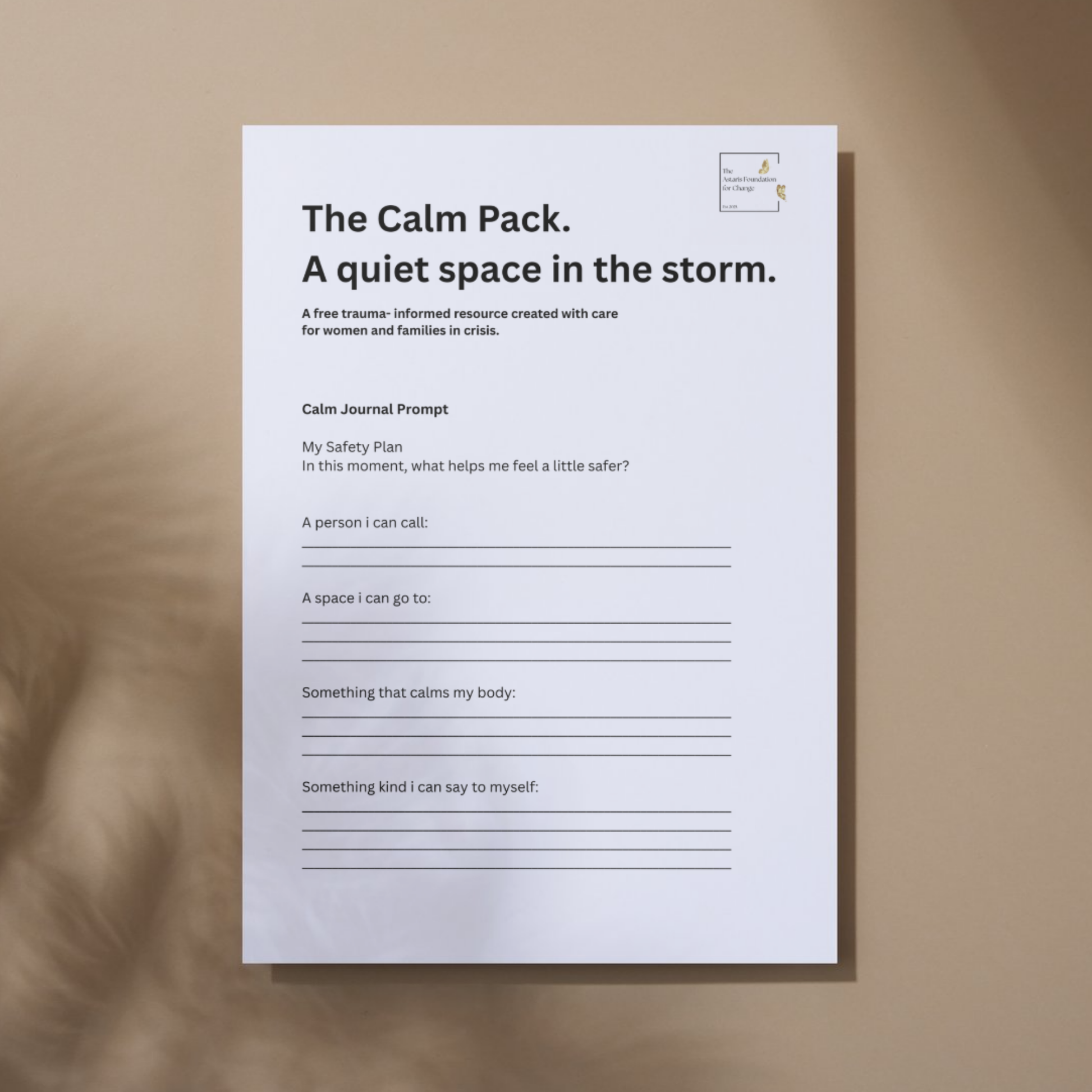 This image shows page 4 of our free digital download 'The Calm Pack'. This download is a mini pack covering grounding and emotional safety. It is free to download and print and is available to the general public and businesses.