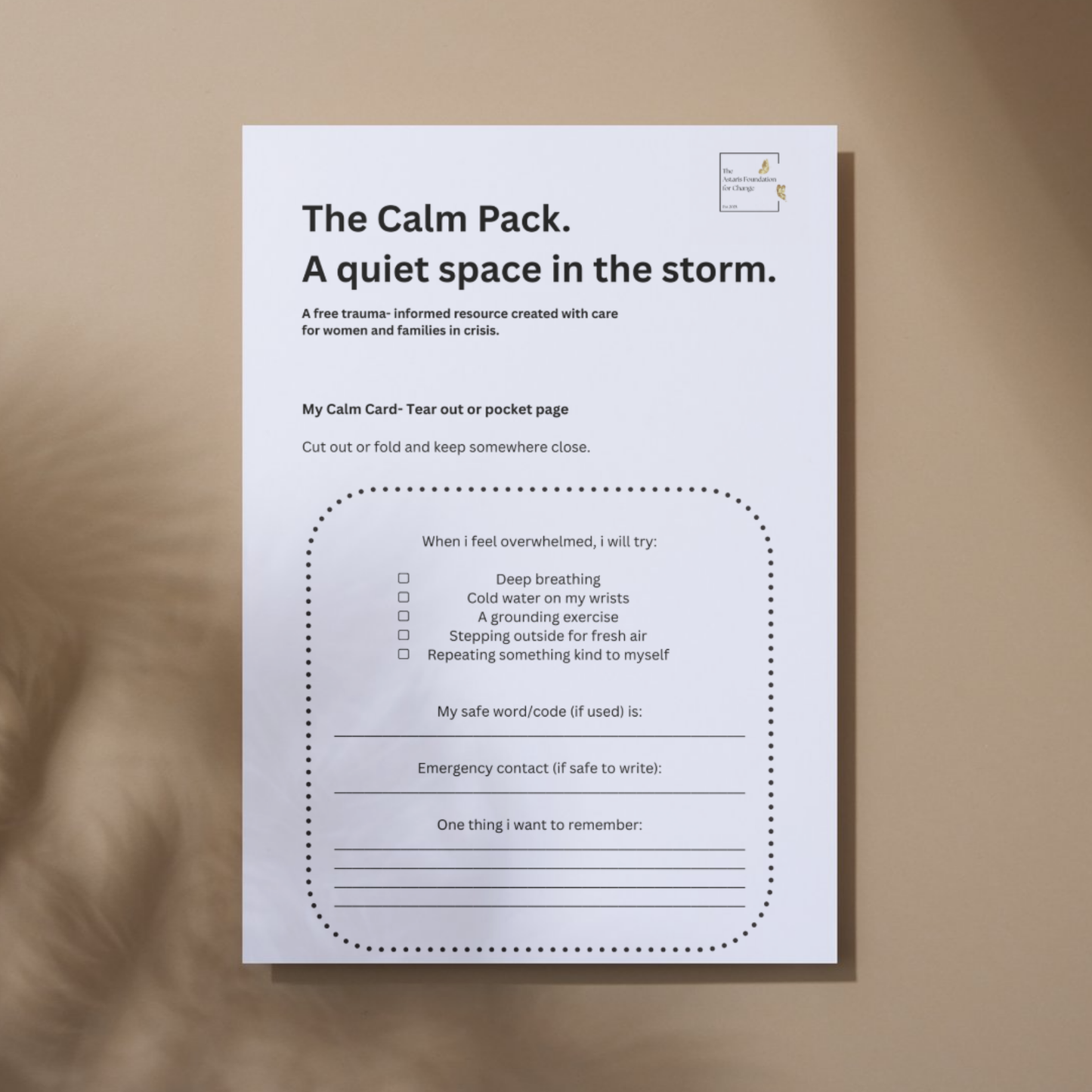 This image shows page 5 of our free digital download 'The Calm Pack'. This download is a mini pack covering grounding and emotional safety. It is free to download and print and is available to the general public and businesses.