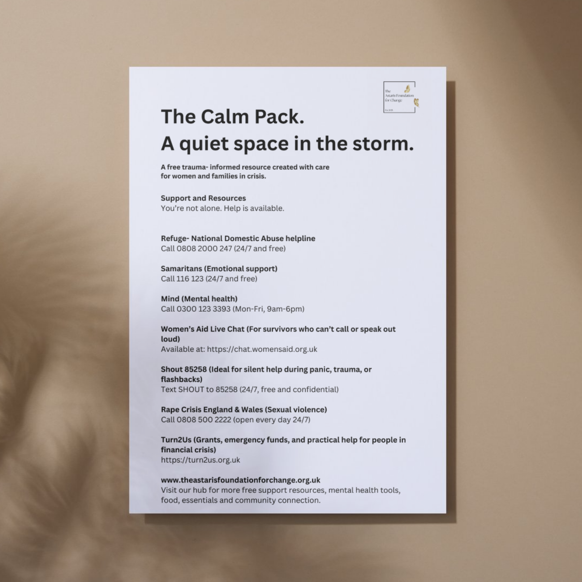 This image shows page 6 of our free digital download 'The Calm Pack'. This download is a mini pack covering grounding and emotional safety. It is free to download and print and is available to the general public and businesses.