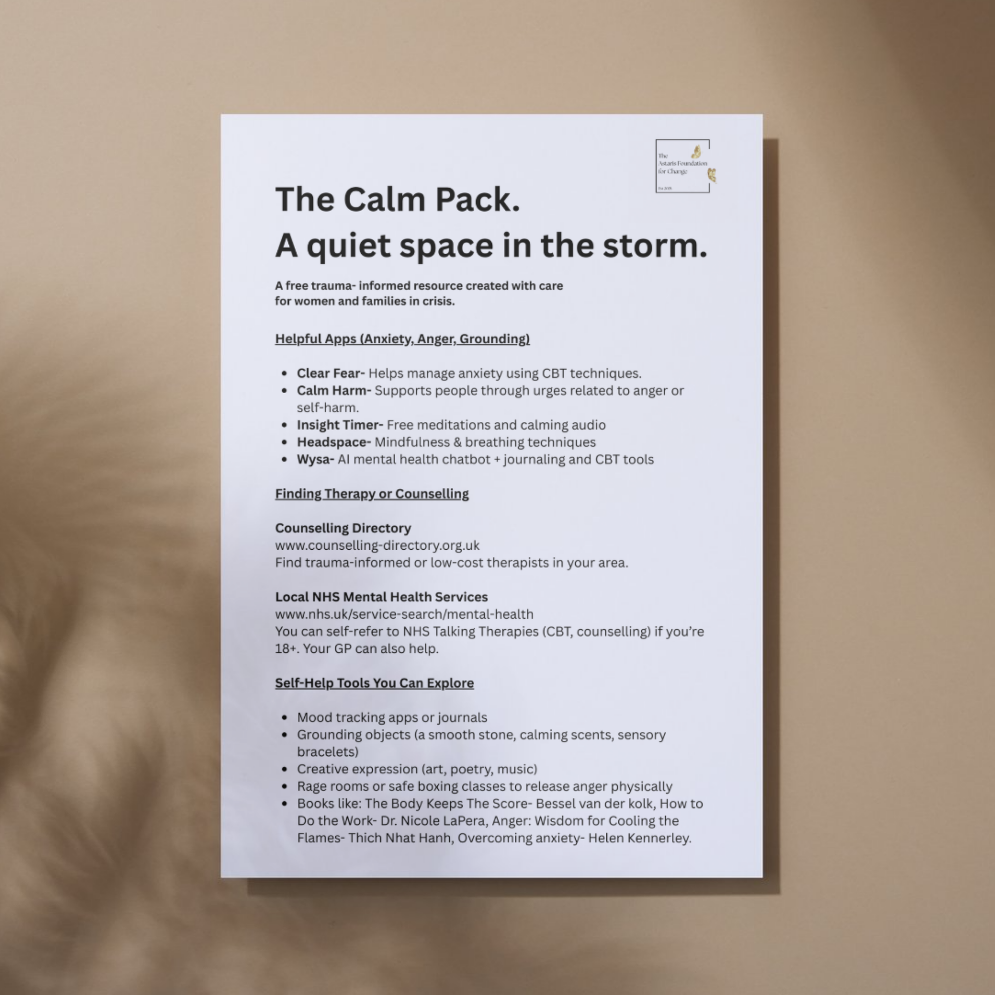 This image shows page 7 of our free digital download 'The Calm Pack'. This download is a mini pack covering grounding and emotional safety. It is free to download and print and is available to the general public and businesses.