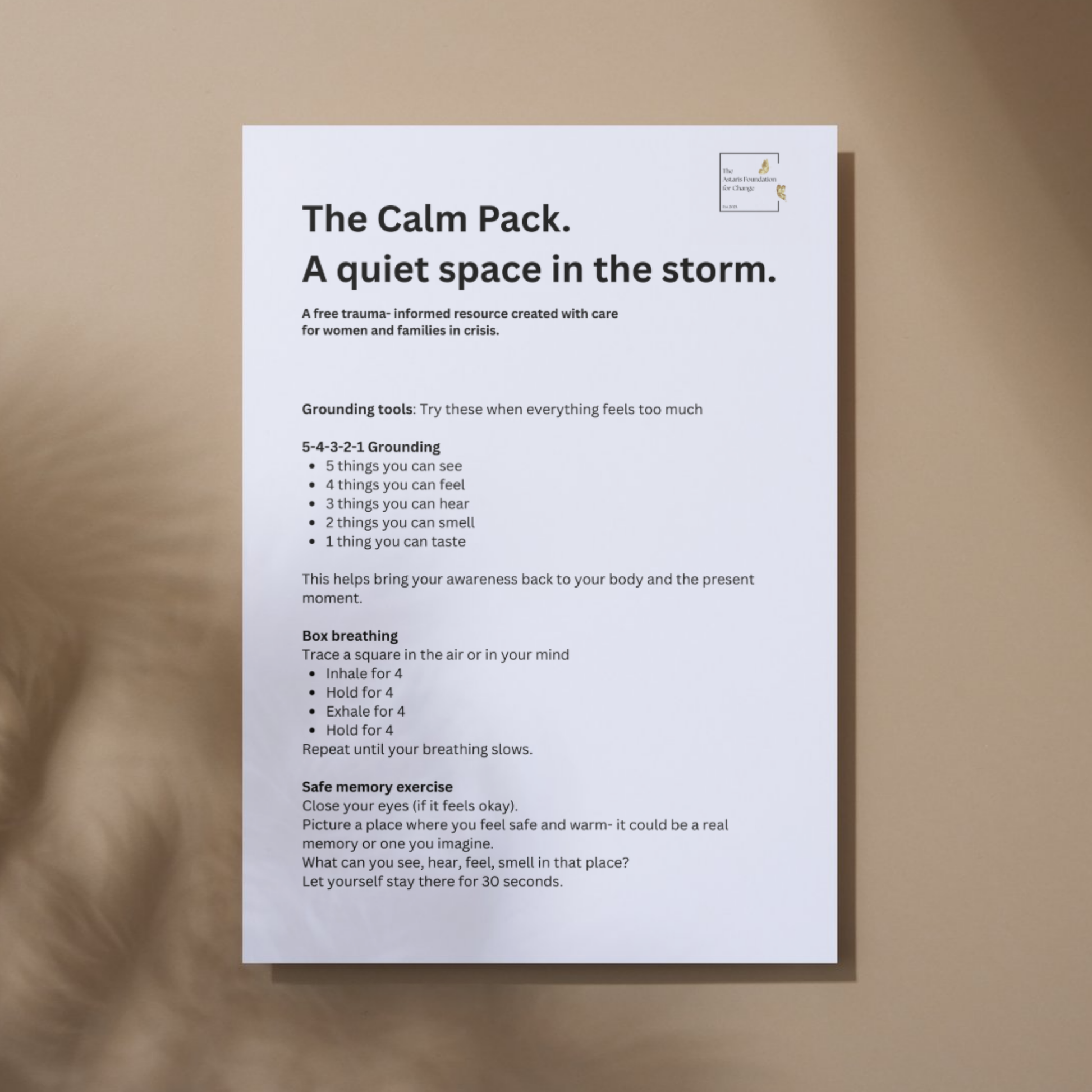 This image shows page 2 of our free digital download 'The Calm Pack'. This download is a mini pack covering grounding and emotional safety. It is free to download and print and is available to the general public and businesses.