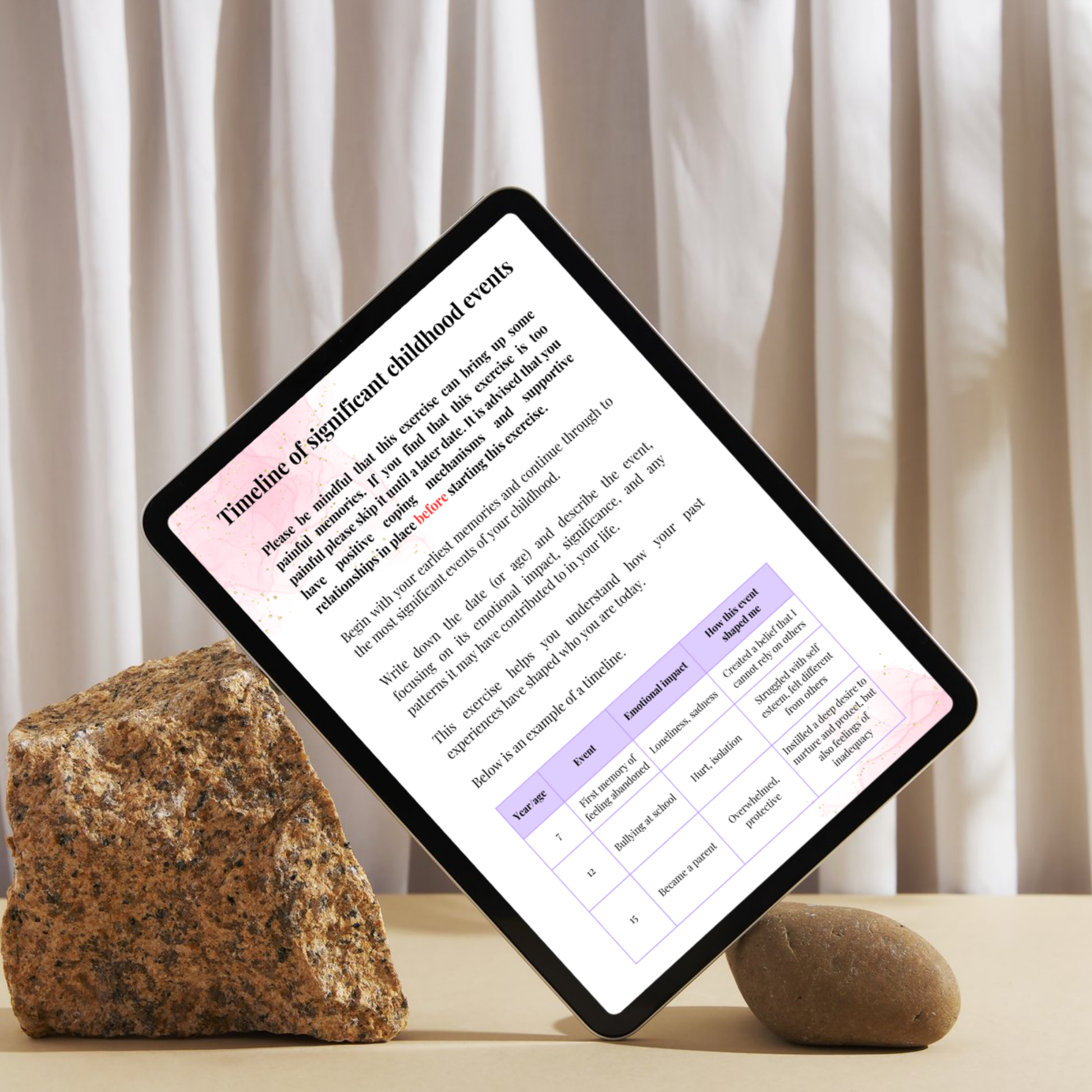 timeline of significant childhood events page from our journal prompts for overcoming childhood trauma. this workbook contains 185 journal prompts and bonus material.
