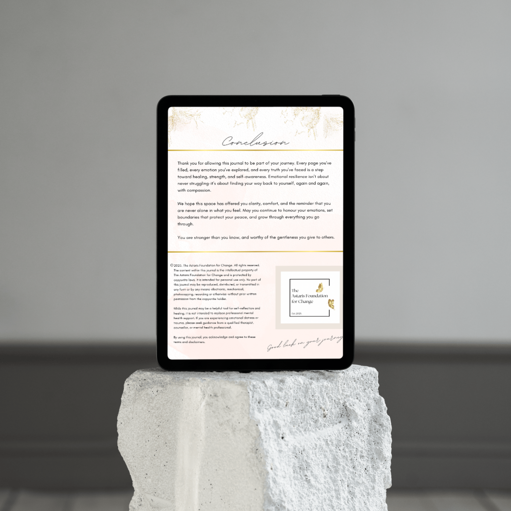 conclusion page from our guided emotional resilience journal. this journal contains practical tools for emotional resilience, coping skills, boundary setting, crisis management and more.