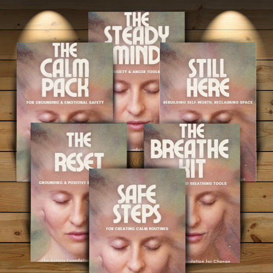 mini pack bundle. shows the front cover for all 6 of our free digital downloads. these downloads are mini packs covering grounding and emotional safety, anxiety and anger toolkit, rebuilding self worth and reclaiming space, grounding and positive mindset, creating calming routines, breathing tools and exercises. they are free to download and print and are available to the general public and businesses.