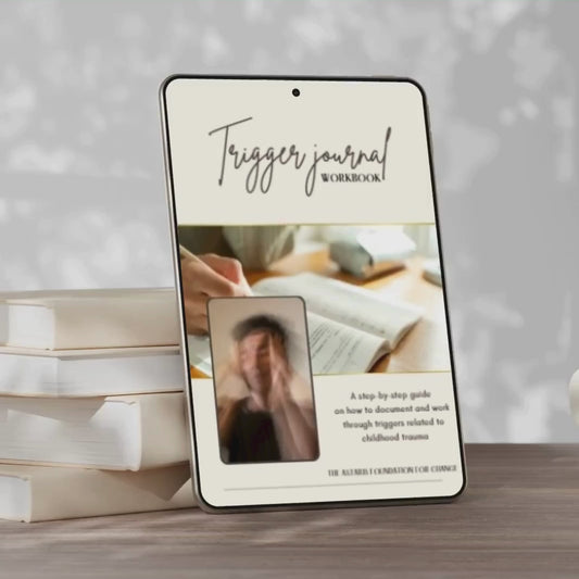 front page from our trigger journal workbook. this workbook contains a step by step guide on how to document and work through triggers related to childhood trauma.