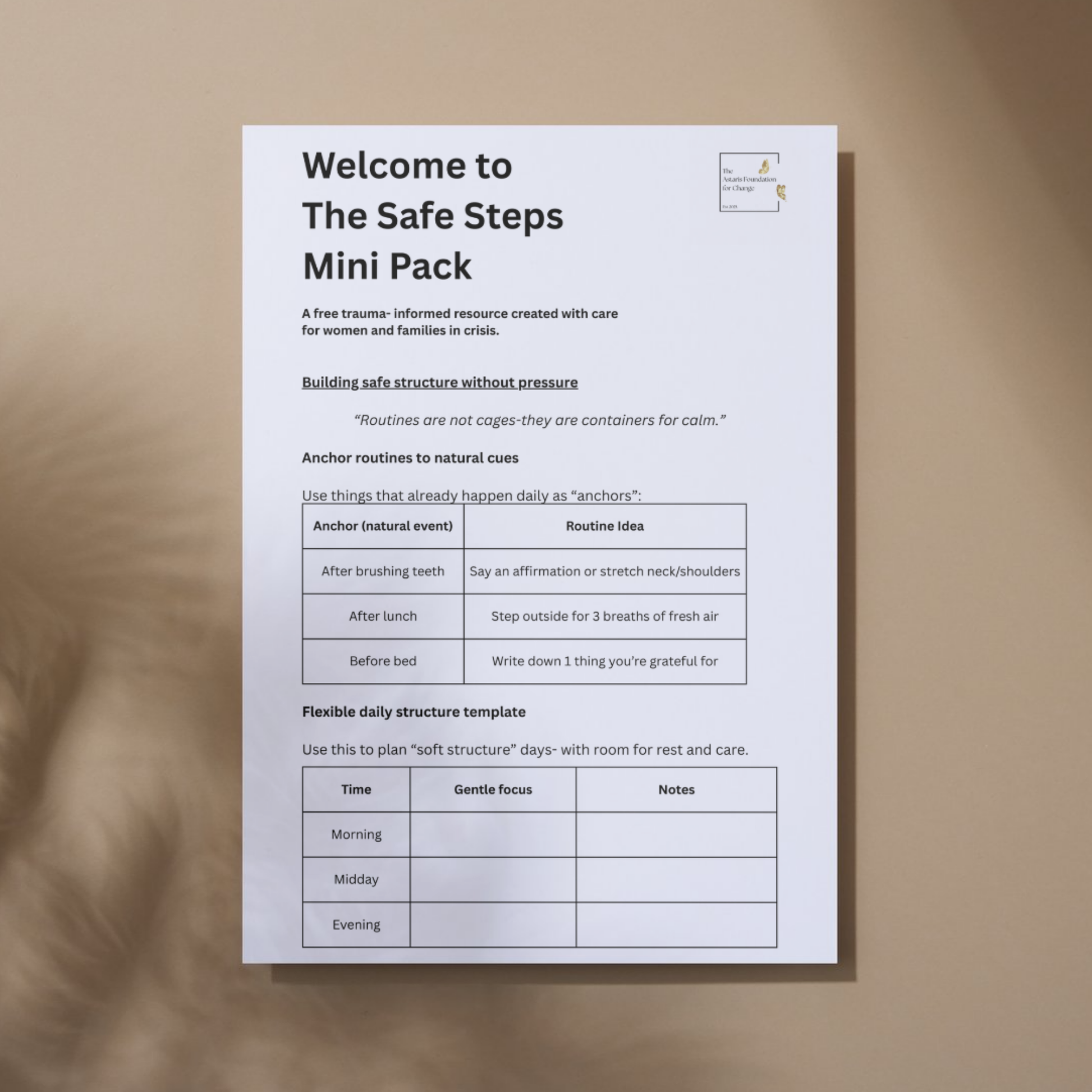This image shows page 4 of our free digital download 'Safe Steps'. This download is a mini pack covering creating calming routines. It is free to download and print and is available to the general public and businesses.