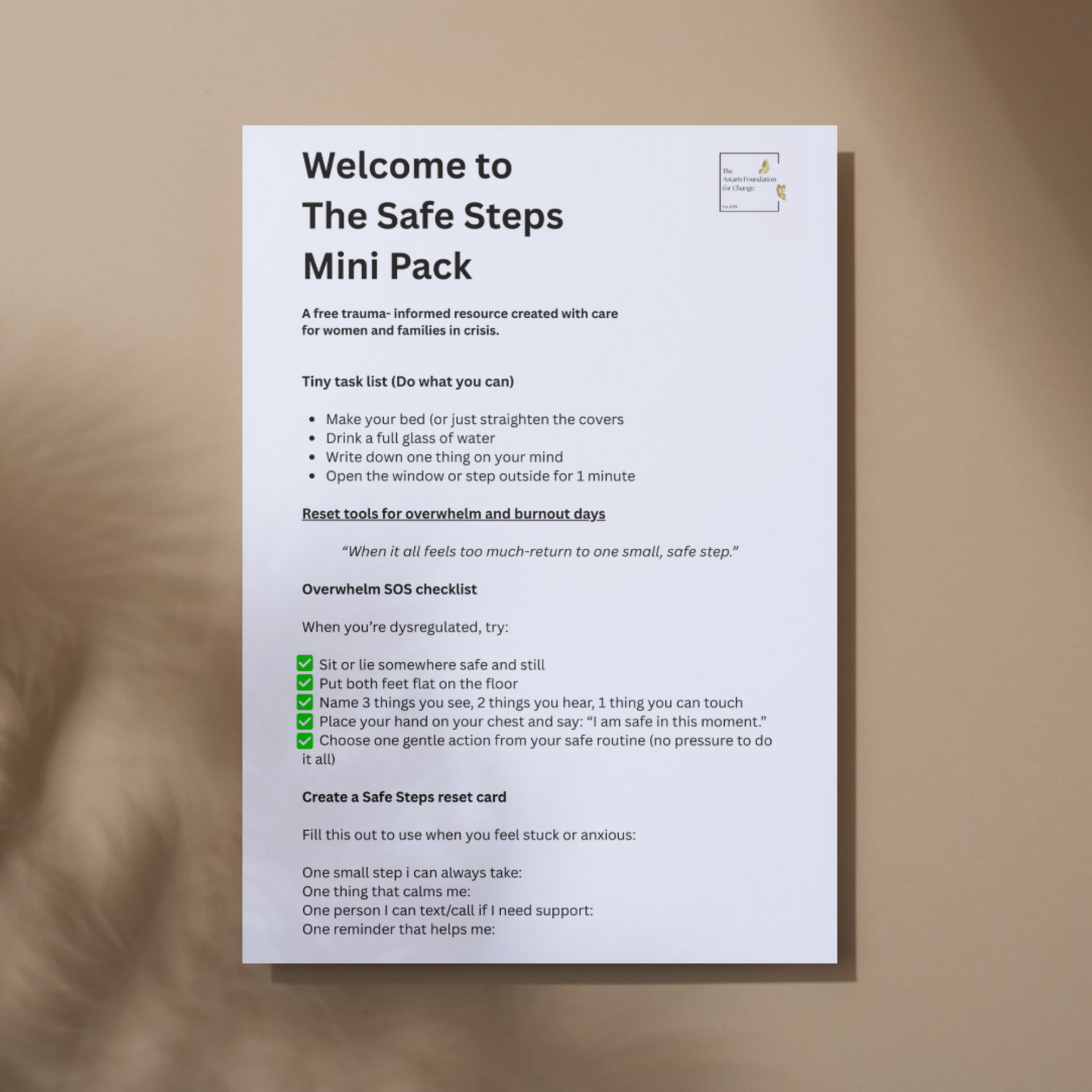This image shows page 5 of our free digital download 'Safe Steps'. This download is a mini pack covering creating calming routines. It is free to download and print and is available to the general public and businesses.