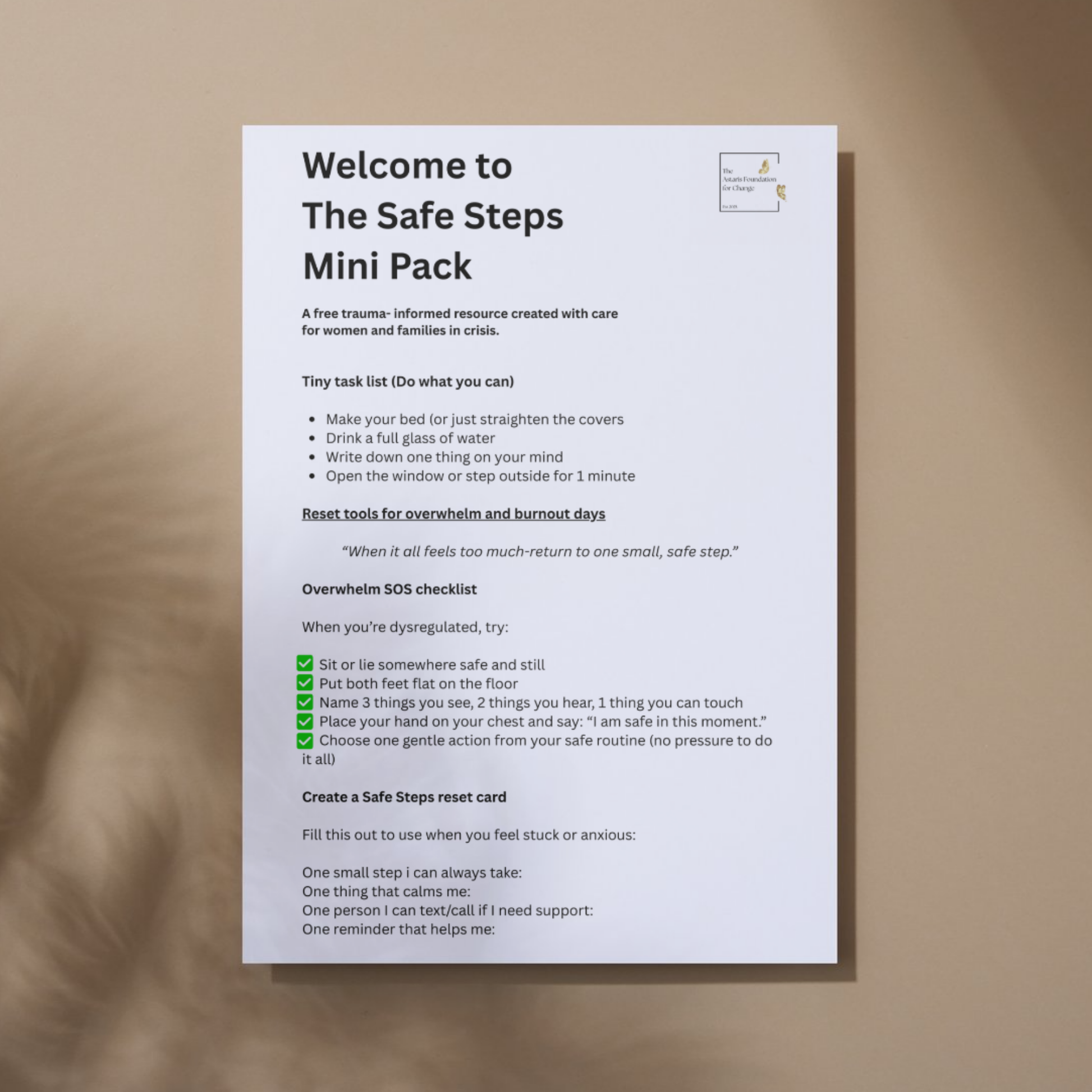 This image shows page 5 of our free digital download 'Safe Steps'. This download is a mini pack covering creating calming routines. It is free to download and print and is available to the general public and businesses.
