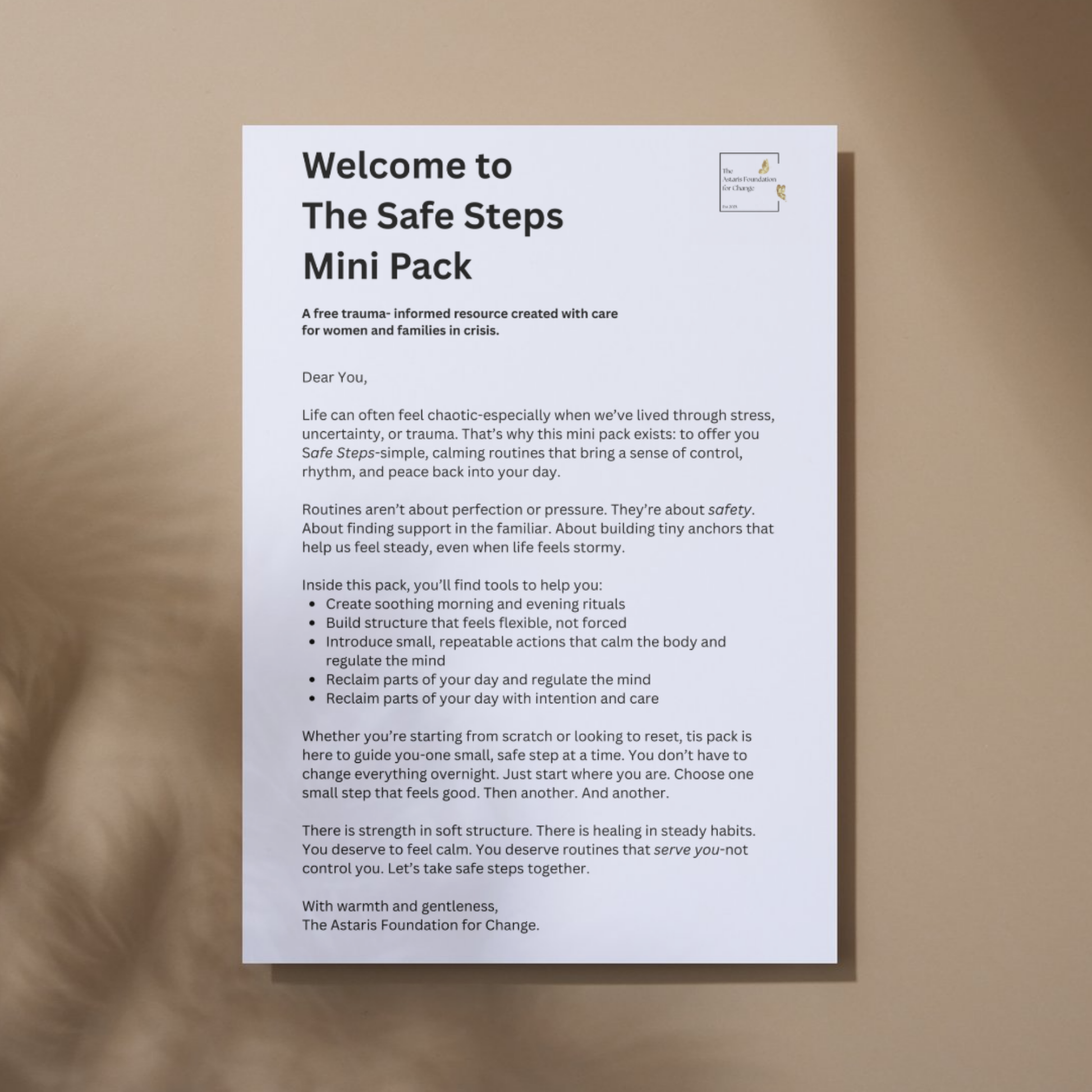 This image shows page 1 of our free digital download 'Safe Steps'. This download is a mini pack covering creating calming routines. It is free to download and print and is available to the general public and businesses.