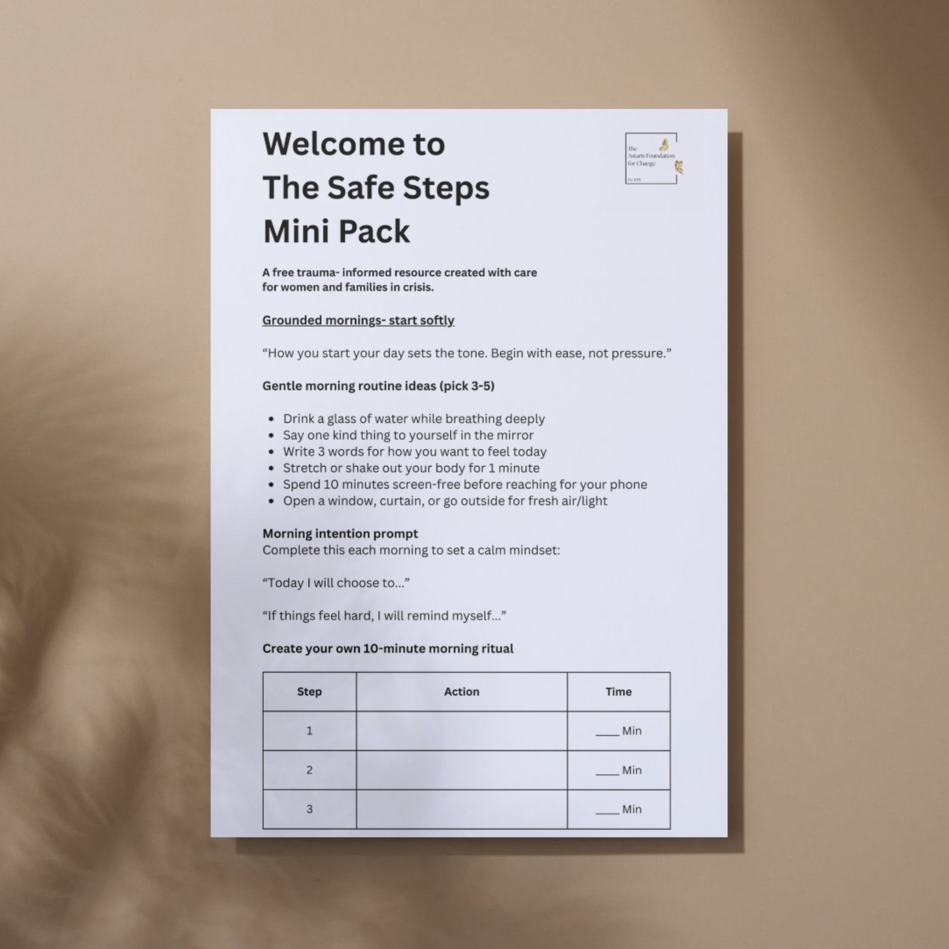 This image shows page 2 of our free digital download 'Safe Steps'. This download is a mini pack covering creating calming routines. It is free to download and print and is available to the general public and businesses.