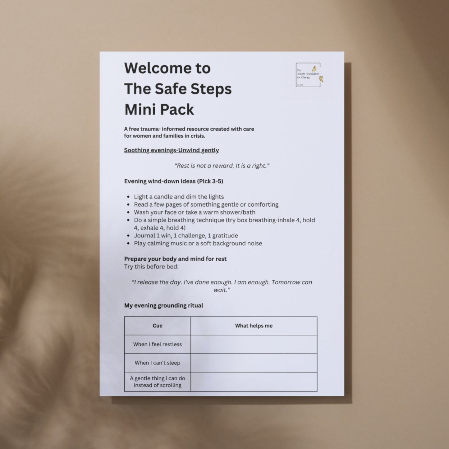 This image shows page 3 of our free digital download 'Safe Steps'. This download is a mini pack covering creating calming routines. It is free to download and print and is available to the general public and businesses.