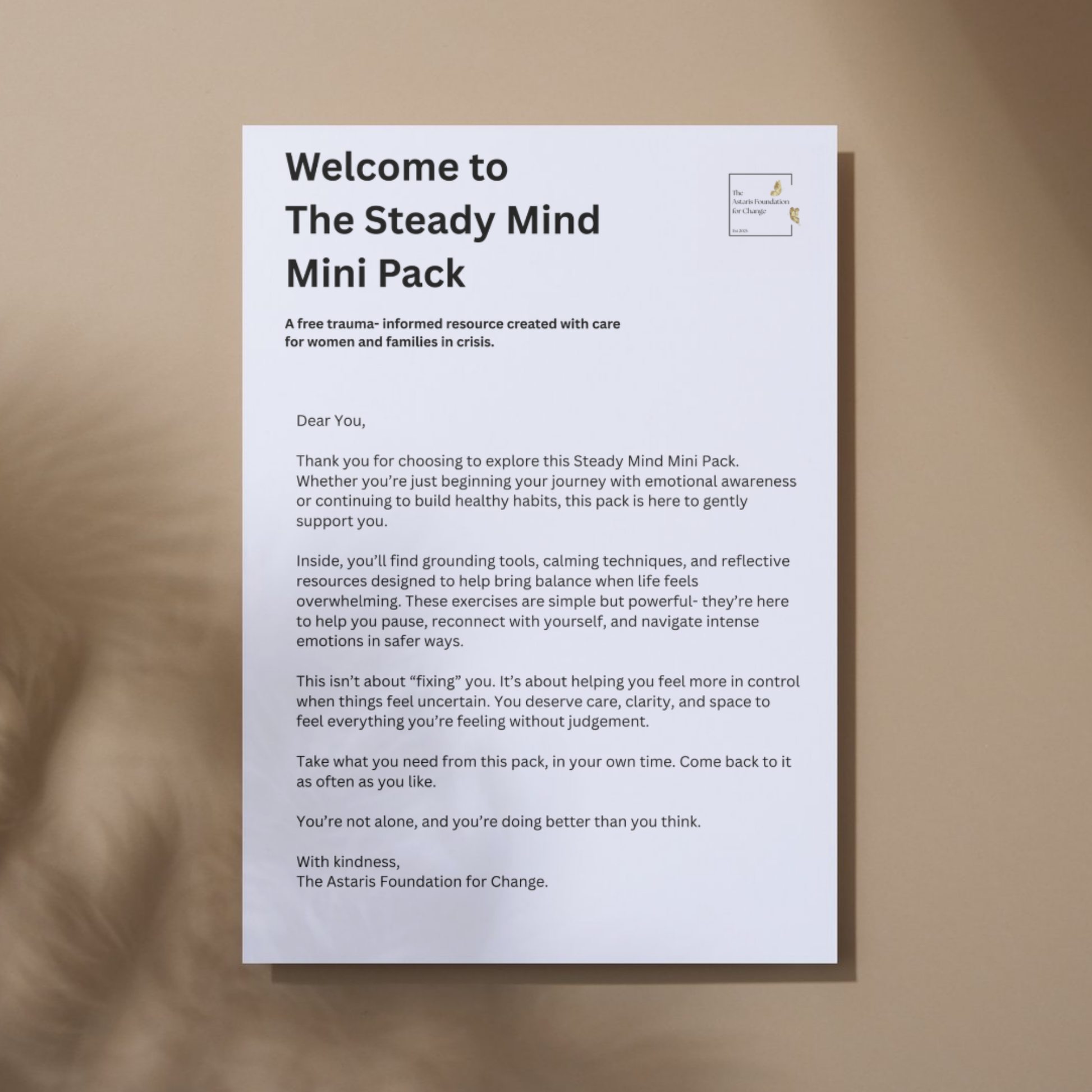 This image shows page 1 of our free digital download 'The Steady Mind'. This download is a mini pack covering anxiety and anger toolkits. It is free to download and print and is available to the general public and businesses.