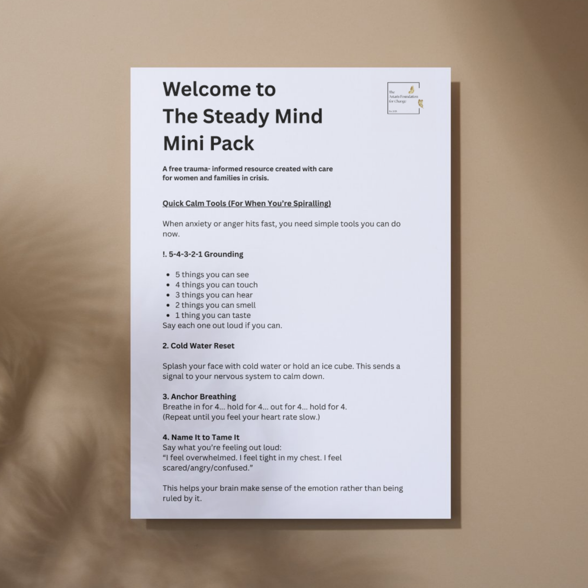 This image shows page 2 of our free digital download 'The Steady Mind'. This download is a mini pack covering anxiety and anger toolkits. It is free to download and print and is available to the general public and businesses.