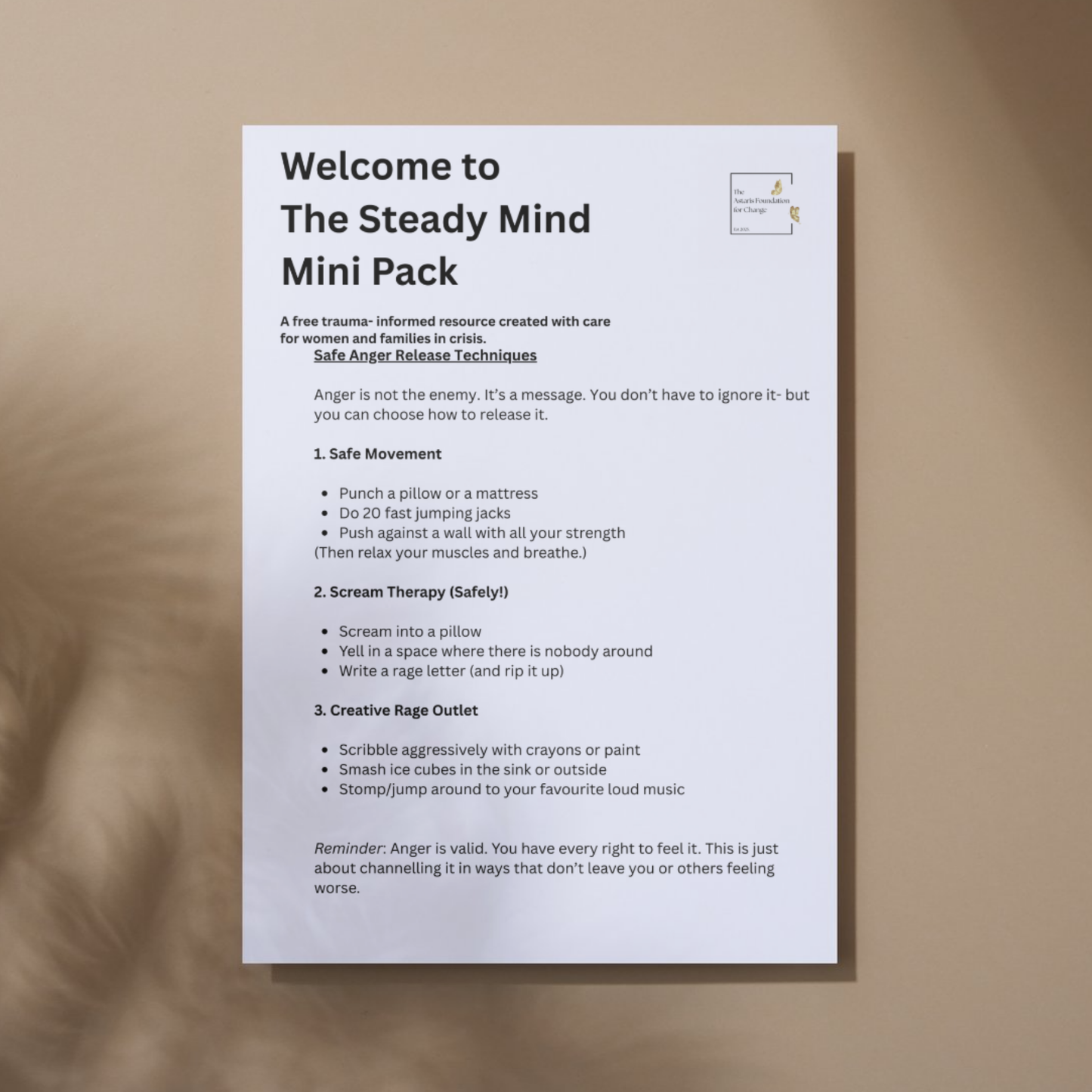 This image shows page 3 of our free digital download 'The Steady Mind'. This download is a mini pack covering anxiety and anger toolkits. It is free to download and print and is available to the general public and businesses.
