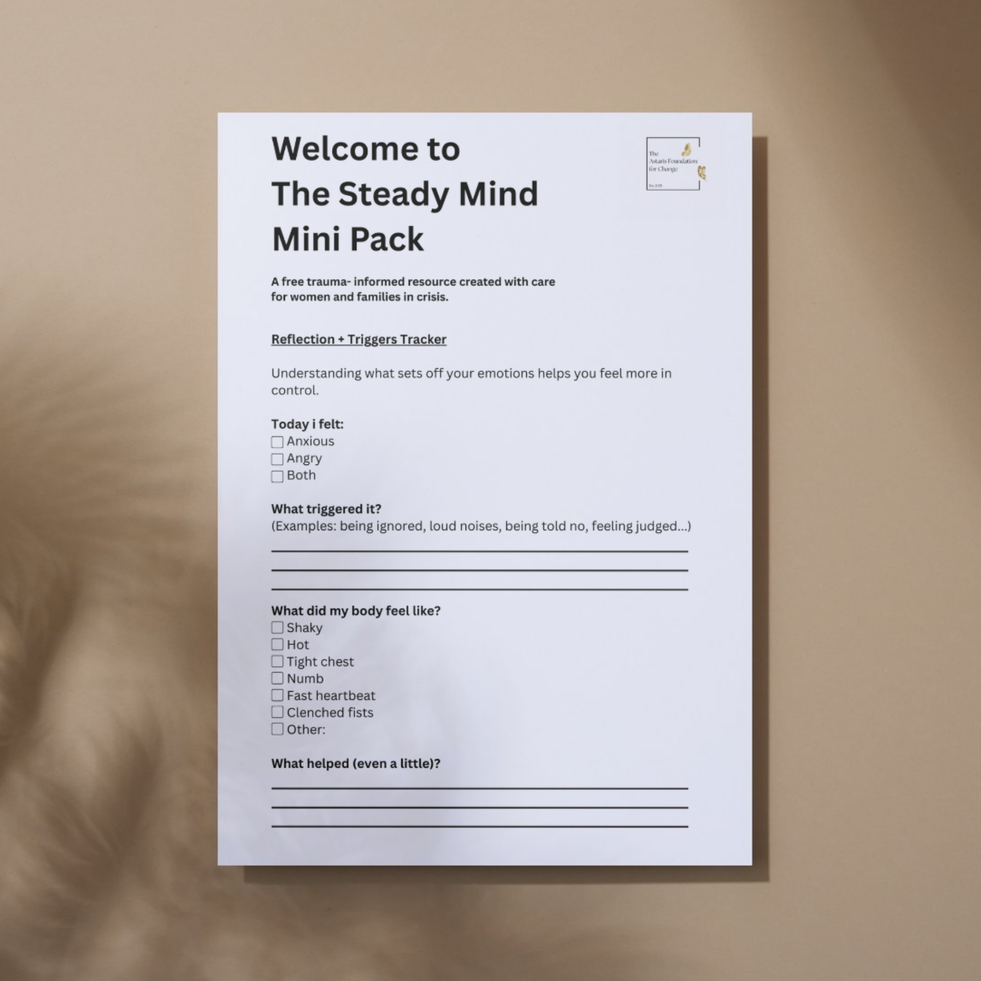 This image shows page 4 of our free digital download 'The Steady Mind'. This download is a mini pack covering anxiety and anger toolkits. It is free to download and print and is available to the general public and businesses.