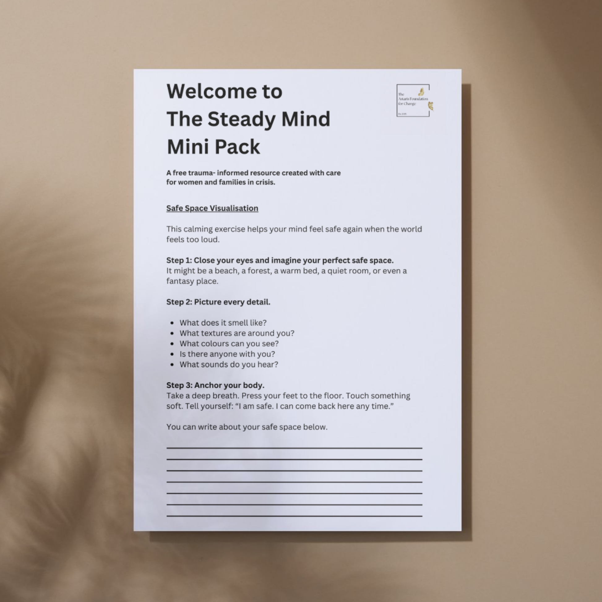 This image shows page 5 of our free digital download 'The Steady Mind'. This download is a mini pack covering anxiety and anger toolkits. It is free to download and print and is available to the general public and businesses.