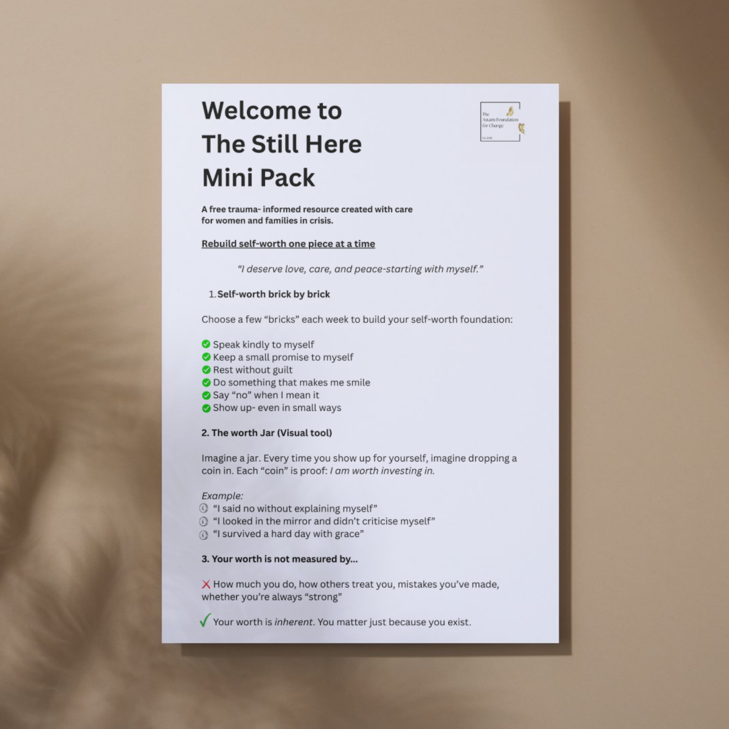 This image shows page 4 of our free digital download 'Still Here'. This download is a mini pack covering rebuilding self-worth and reclaiming space. It is free to download and print and is available to the general public and businesses.