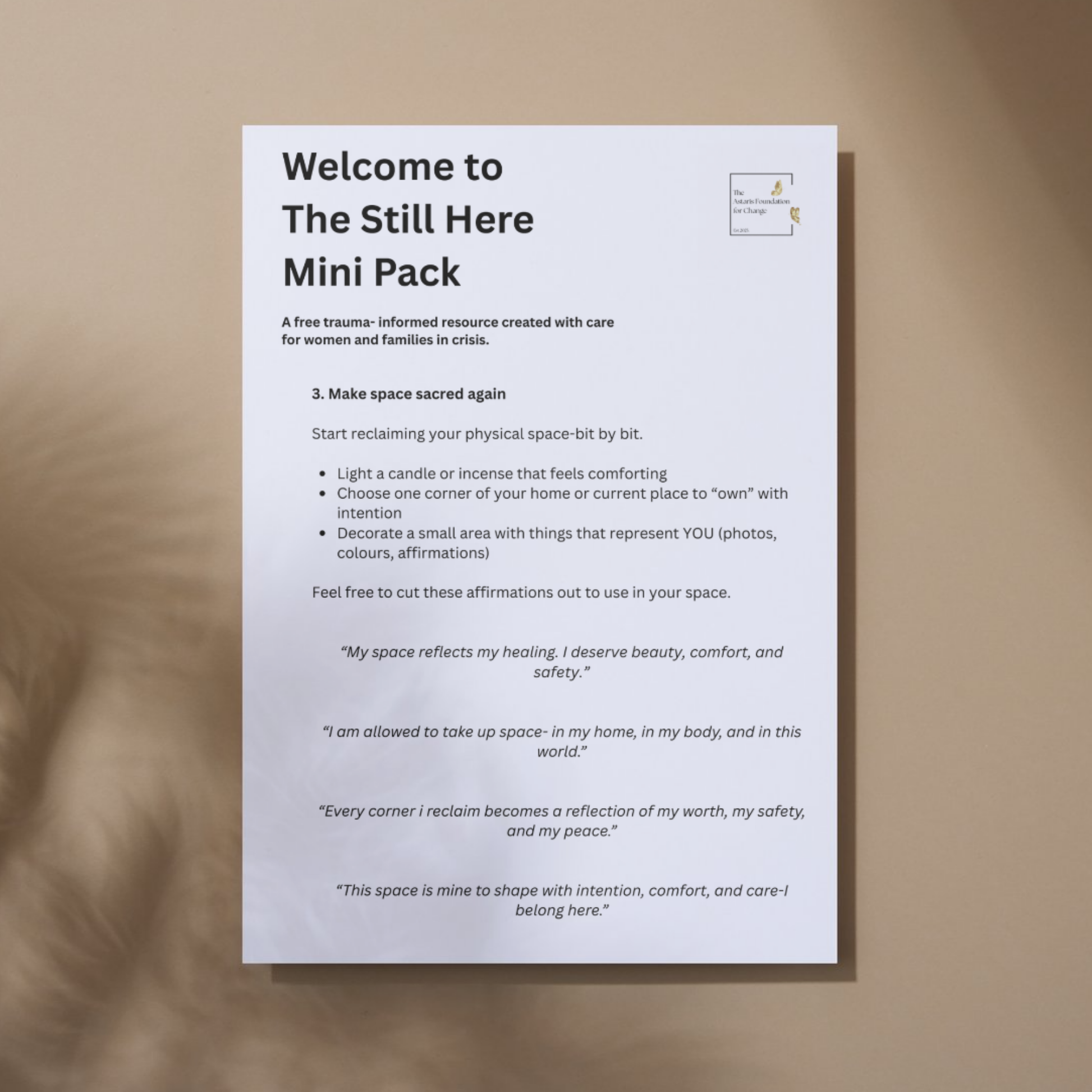 This image shows page 6 of our free digital download 'Still Here'. This download is a mini pack covering rebuilding self-worth and reclaiming space. It is free to download and print and is available to the general public and businesses.