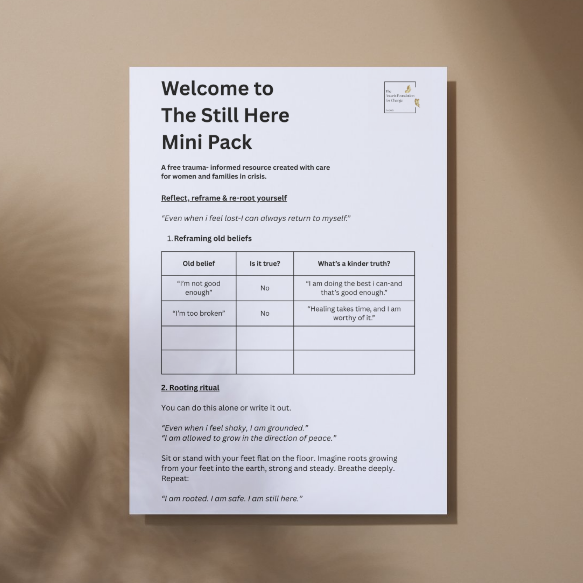 This image shows page 7 of our free digital download 'Still Here'. This download is a mini pack covering rebuilding self-worth and reclaiming space. It is free to download and print and is available to the general public and businesses.