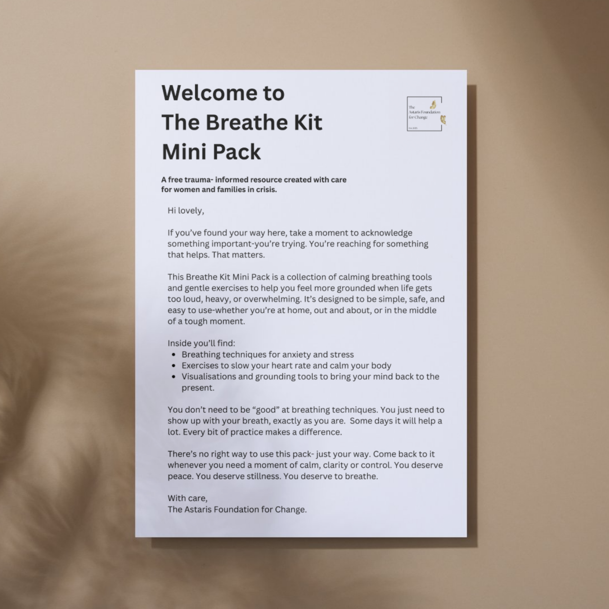 This image shows page 1 of our free digital download 'the breathe kit'. This download is a mini pack covering breathing tools and exercises. It is free to download and print and is available to the general public and businesses.