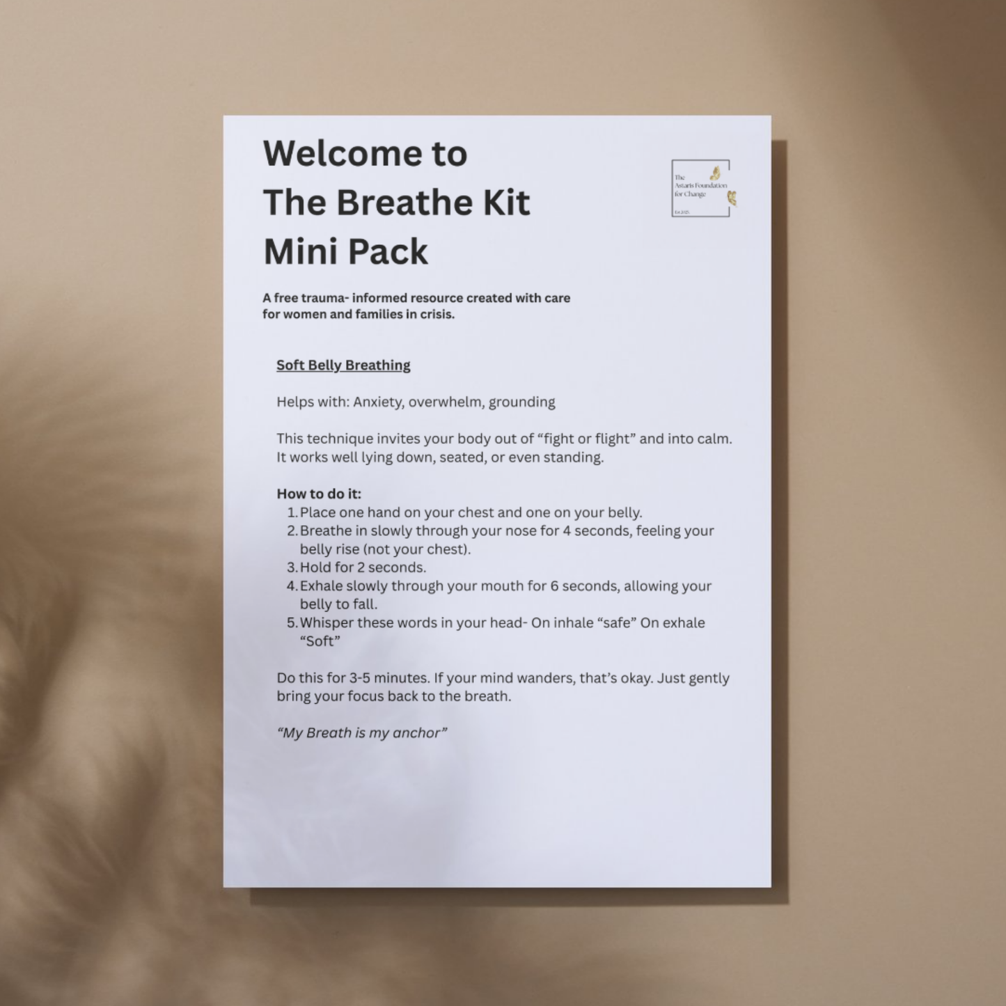 This image shows page 2 of our free digital download 'the breathe kit'. This download is a mini pack covering breathing tools and exercises. It is free to download and print and is available to the general public and businesses.