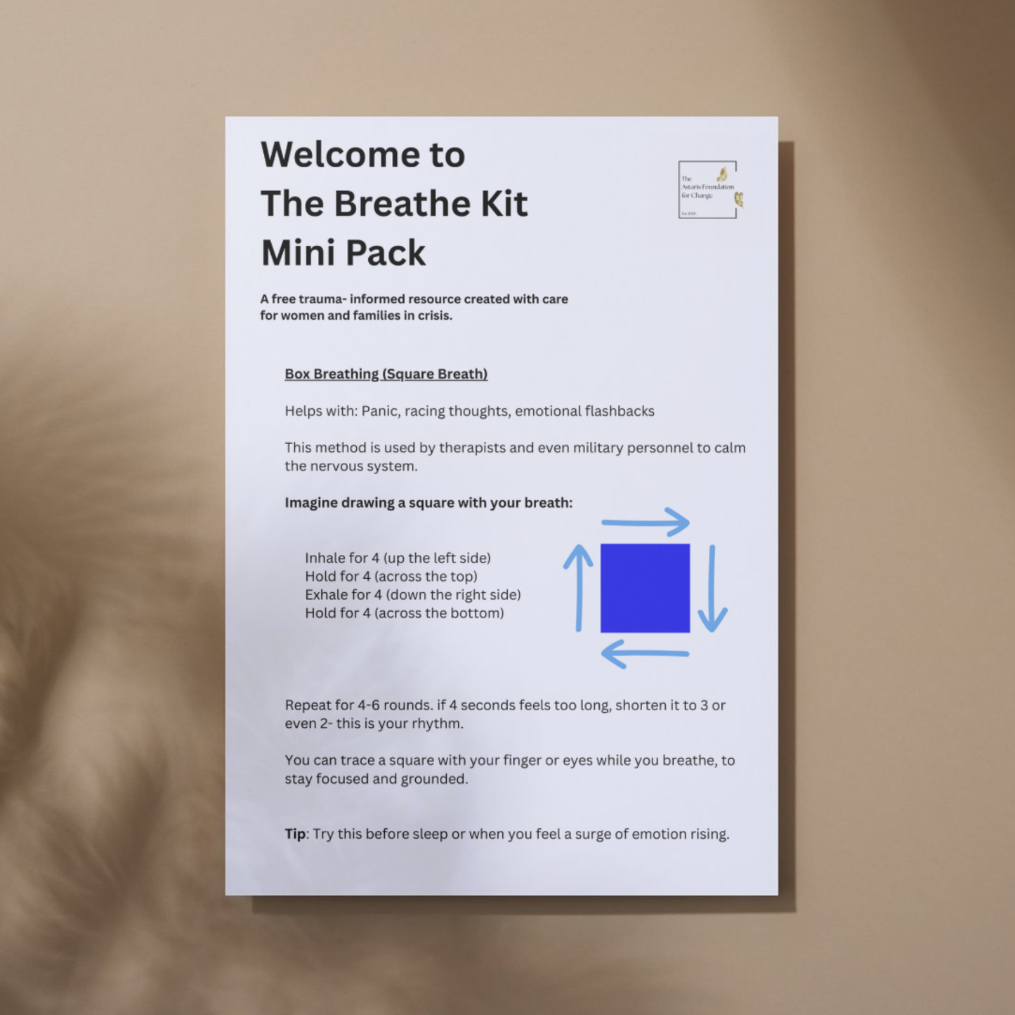 This image shows page 3 of our free digital download 'the breathe kit'. This download is a mini pack covering breathing tools and exercises. It is free to download and print and is available to the general public and businesses.
