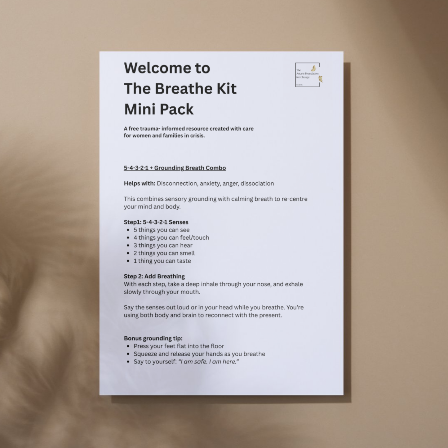 This image shows page 5 of our free digital download 'the breathe kit'. This download is a mini pack covering breathing tools and exercises. It is free to download and print and is available to the general public and businesses.