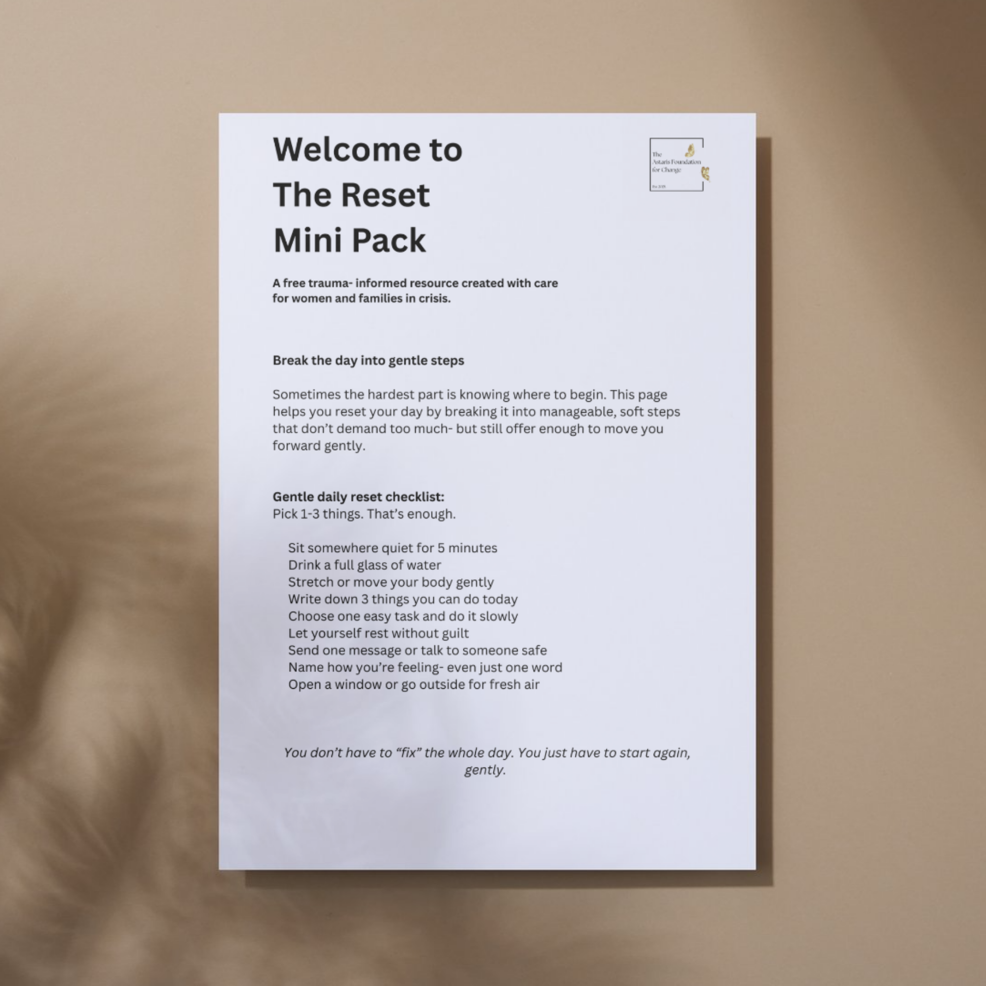 This image shows page 2 of our free digital download 'The Reset'. This download is a mini pack covering grounding and positive reinforcement. It is free to download and print and is available to the general public and businesses.