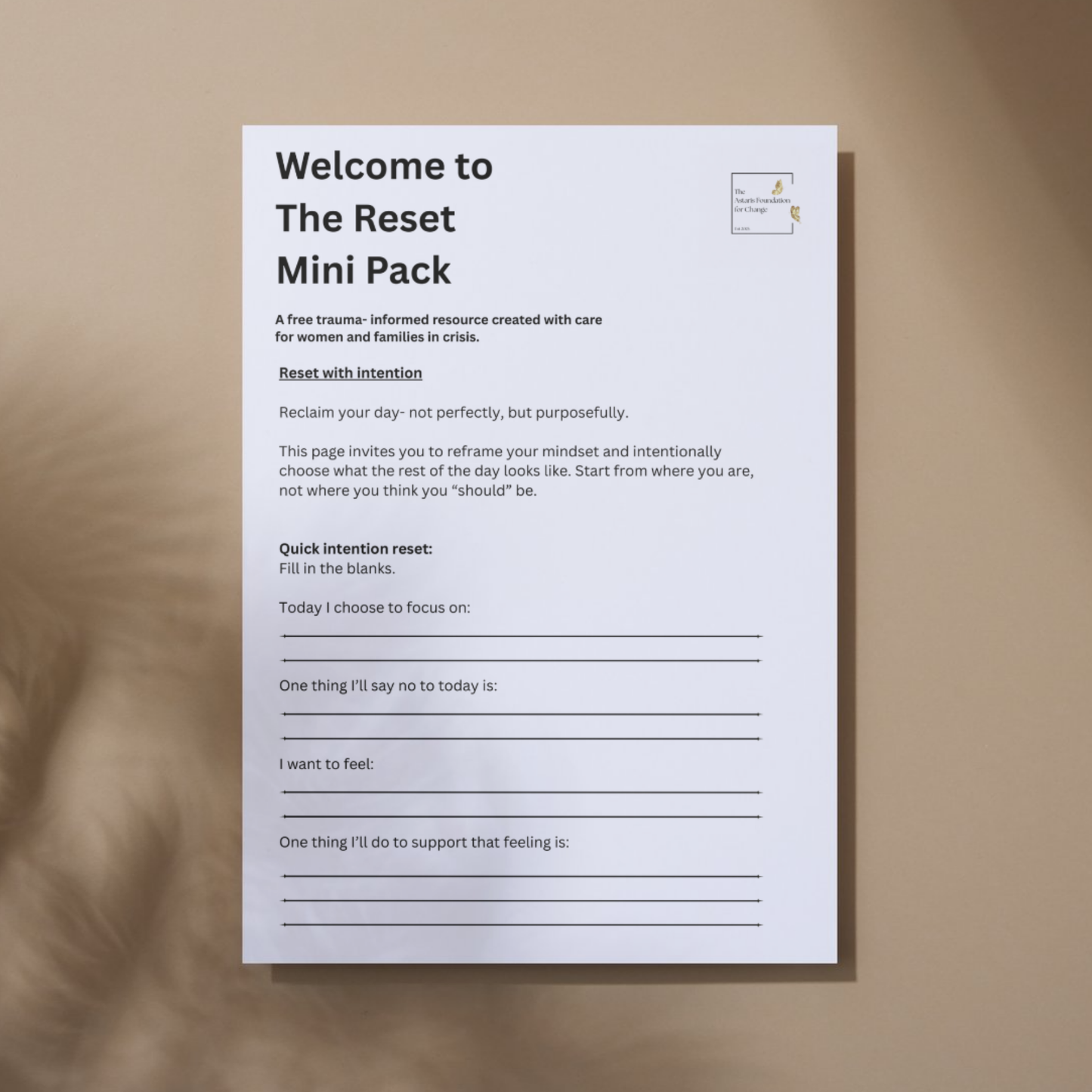 This image shows page 5 of our free digital download 'The Reset'. This download is a mini pack covering grounding and positive reinforcement. It is free to download and print and is available to the general public and businesses.