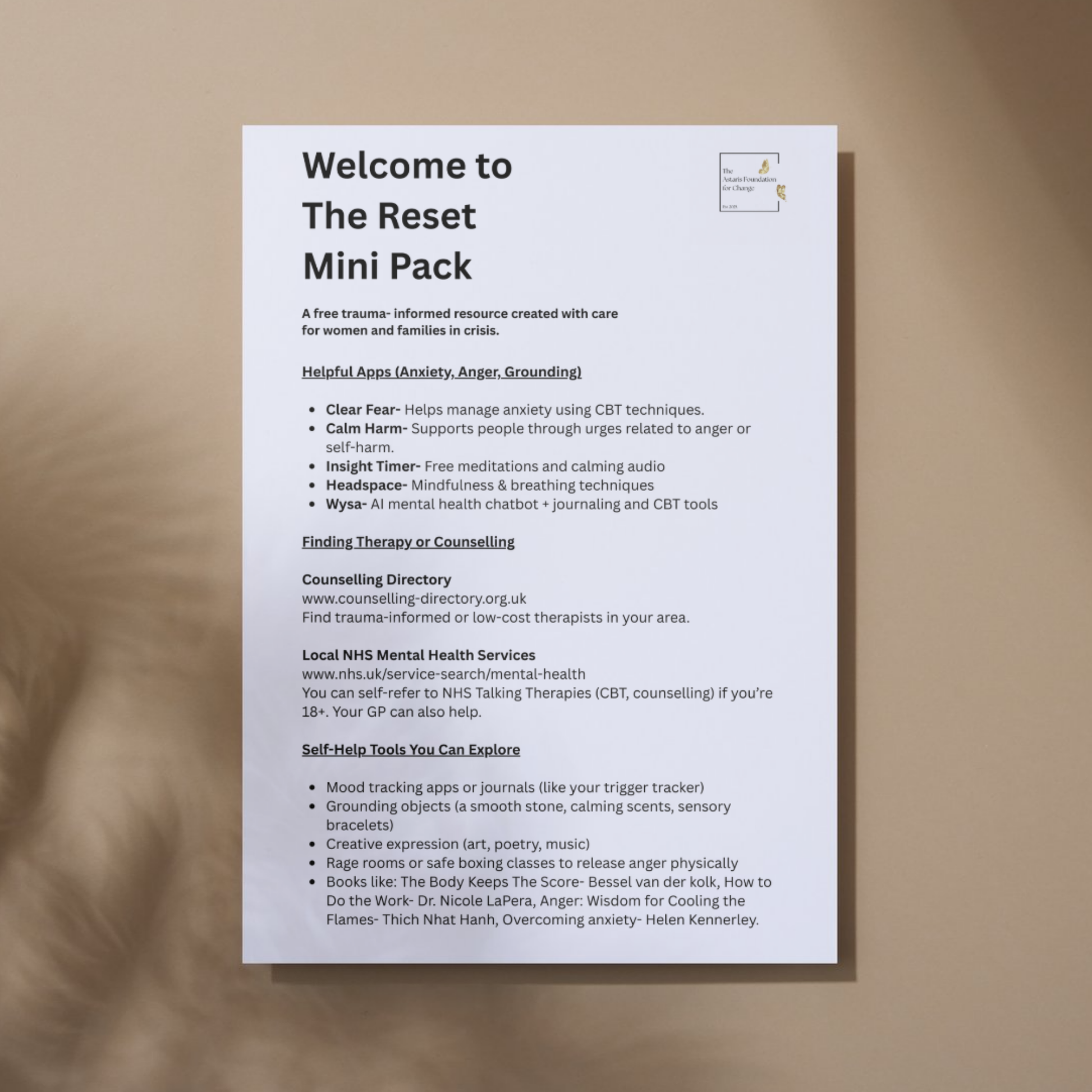 This image shows page 8 of our free digital download 'The Reset'. This download is a mini pack covering grounding and positive reinforcement. It is free to download and print and is available to the general public and businesses.