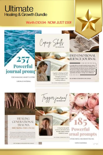 ultimate healing growth bundle- six pack. contains 2 journal prompt workbooks on anxiety and stress and overcoming childhood trauma. a guided resilience journal, healing generational trauma workbook, coping skills workbook and trigger journal. worth £101.94. now on sale for just £89.